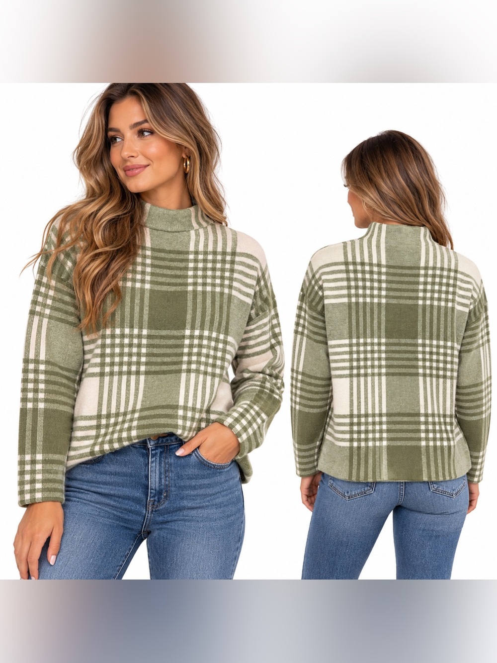 Max Studio Olive & Cream Plaid Crewneck Sweater